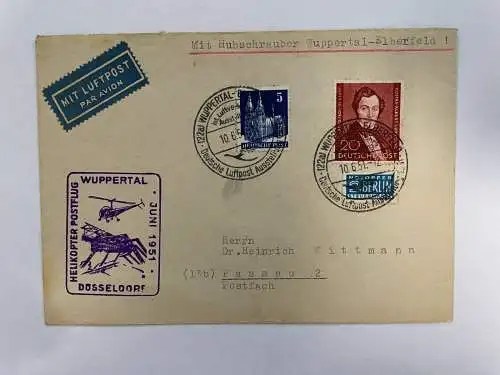 Briefumschlag Flugpost, Helikopter Postflug Wuppertal, 1951