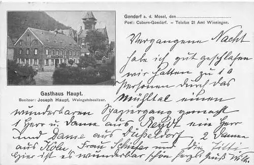 AK - Gondorf an der Mosel Gasthaus Haupt. Weingut versandt 1911