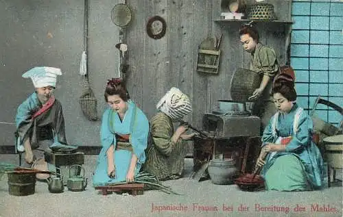 AK - Japanische Frauen bei der Bereitung des Mahles mit Werbung
