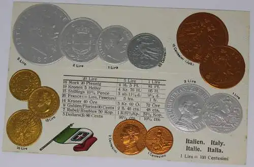 Präge AK - Münzen und Fahne Italien mit Umrechnungskurs
