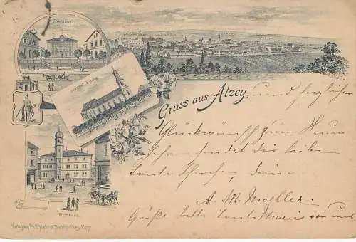 Ansichtskarte Alzey Gruss aus Alzey Rathaus Seminar versandt 1898