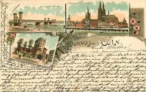 Ansichtskarte Lithographie Köln Gruss aus Köln Eisenbahnbrücke versandt