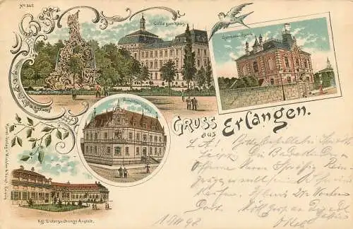 Ansichtskarte  Lithographie Erlangen Gruss aus Erlangen versandt 1898