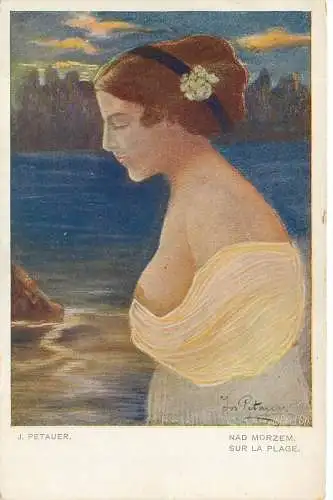 Ansichtskarte Künstlerkarte Akt J. Petauer nackte Frau am Meer / See