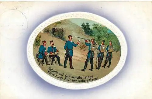 Ansichtskarte Lithographie Soldaten Schießübung am Scheibenstand 1909