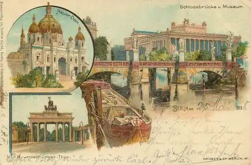 Ansichtskarte Lithographie Berlin Schlossbrücke und Museum versandt1898
