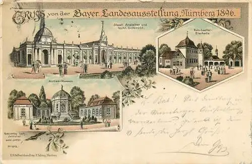 Ansichtskarte  Lithographie Nürnberg Gruss von der Bayer. Landesausstellung 1896