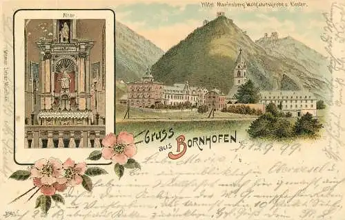 Ansichtskarte Lithographie Bornhofen, Hotel Merienberg Kirche Kloster