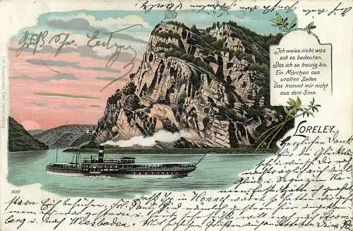 Ansichtskarte Lithographie Loreley Blick vom Rheinufer auf den Schieferfelsen