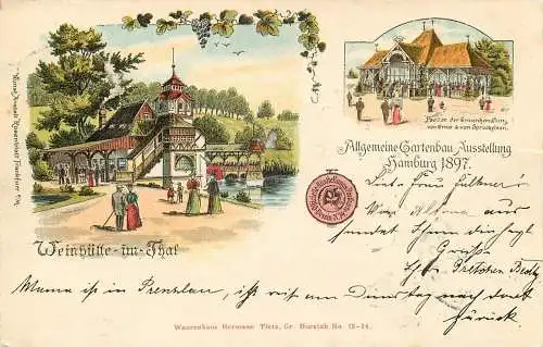 Ansichtskarte Lithographie Hamburg Gartenbauaustellung 1897 versandt 1898