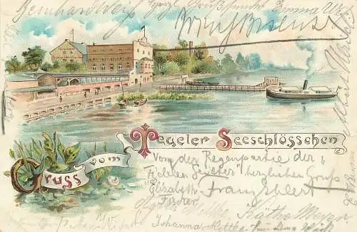 Ansichtskarte Lithographie Gruss vom Tegeler Seeschlösschen gelaufen 1898