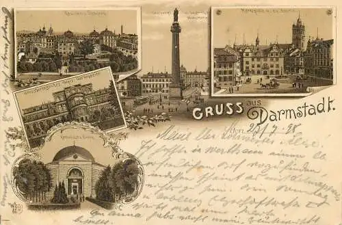 Ansichtskarte Lithographie Darmstadt Marktplatz, Schloss und ev. Kirche