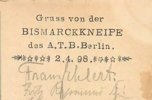 Ansichtskarte Berlin Gruss aus der Bismarckkneipe versandt 1898