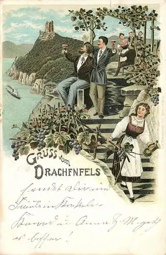 Ansichtskarte Lithographie Königswinter Gruss vom Drachenfels 1896 gelaufen
