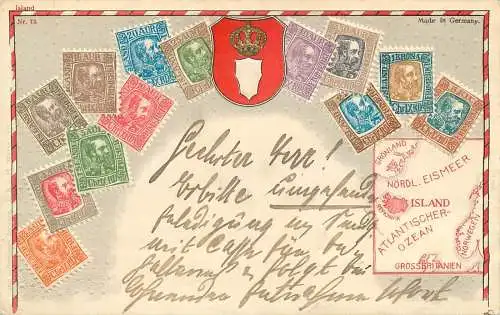 Präge Ansichtskarte Island Briefmarken und Wappen versandt 1913