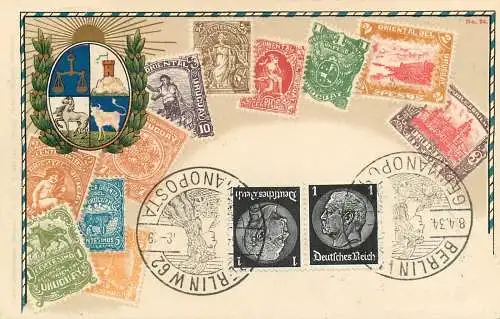 Präge-AK Briefmarken und Wappen Uruguay, gelaufen
