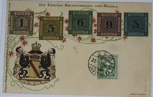 Philatelie-AK, die ersten Briefmarken von Baden