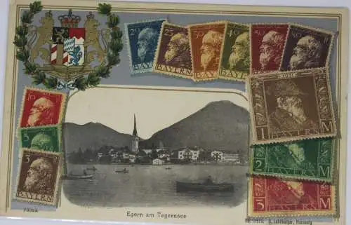 Philatelie-AK, Egern am Tegernsee umrandet mit Briefmarken