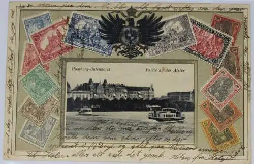 Philatelie-AK, Ansicht Hamburg-Uhlenhorst umrandet mit Briefmarken