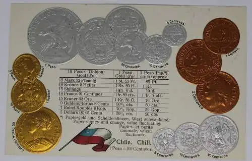 Präge AK - Münzen und Fahne Chile mit Umrechnungskurs