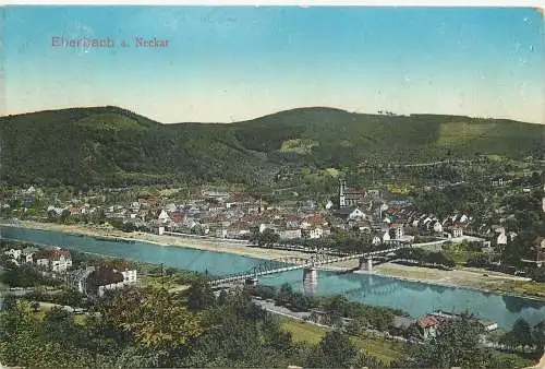 Lithographie Eberbach am Neckar Totalansicht, versandt