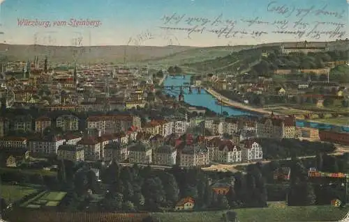 Lithographie Würzburg vom Steinberg, versandt 1922