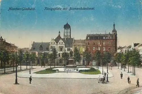Lithographie München-Gladbach Königsplatz mit Bismarckdenkmal, versandt