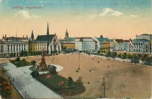 Lithographie Leipzig Augustusplatz, versandt 1918