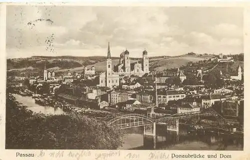 Ansichtskarte Passau Donaubrücke und Dom versandt 1927