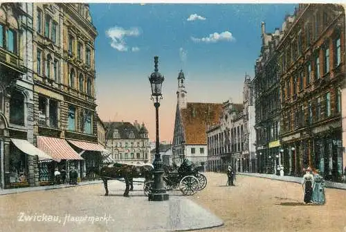 Lithographie Zwickau Hauptmarkt, versandt 1917