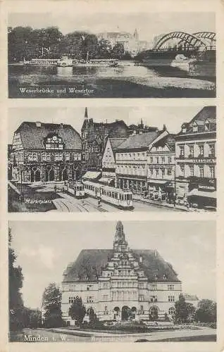 Ansichtskarte Minden i.W. Weserbrücke & Marktplatz & Reg. Gebäude