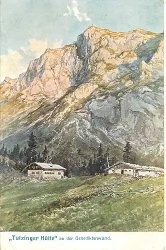 Lithographie Tutzinger Hütte an der Benediktenwand, versandt