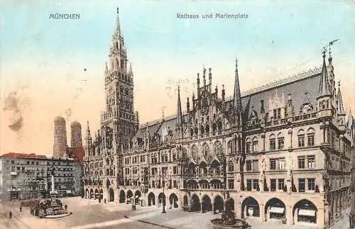 Ansichtskarte München Marienplatz und Rathaus versandt 1909