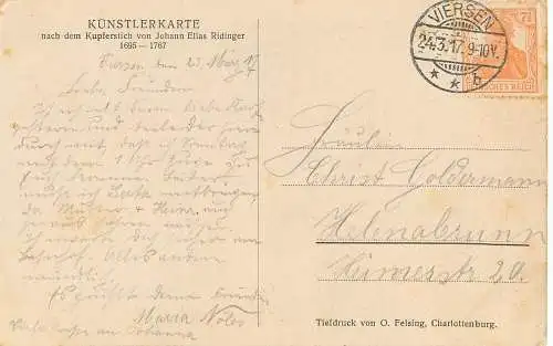 AK - Künstlerkarte nach Johann Elias Ridinger Spur des Hirschen versandt 1916