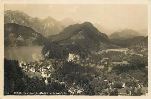 Ansichtskarte Hohenschwangau Panorama mit Alpsee und Schwansee versandt