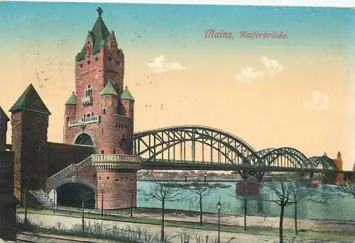Ansichtskarte Mainz Kaiserbrücke versandt 1913
