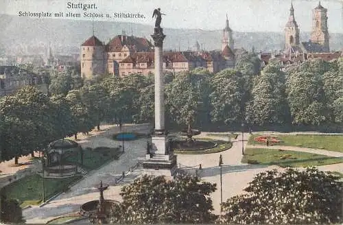 Ansichtskarte Stuttgart Schloss Schlossplatz und Stiftskirche versandt 1919
