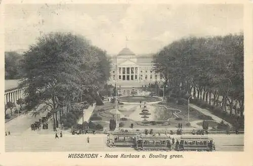 Ansichtskarte Wiesbaden Kurhaus und Bowling-Gren und Strassenbahn versandt 1912