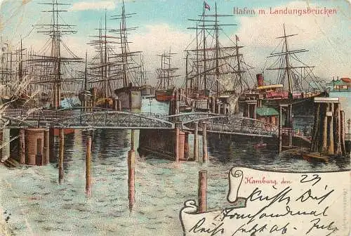 Ansichtskarte Lithografie Hamburg Hafen mit Ladungsbrücke