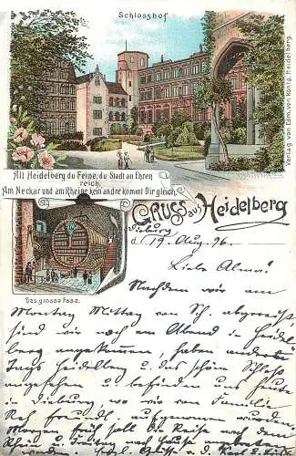 AK - Gruss aus Heidelberg Schlosshof Das grosse Fass versandt 1896