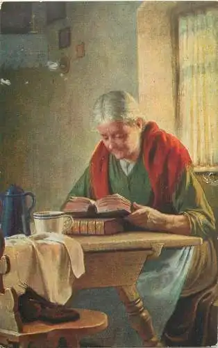 AK - Alte Frau, lesend an einem Tisch nicht versandt