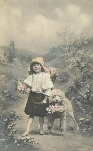 AK - Mädchen mit Blumenkiepe und Hund versandt 1912