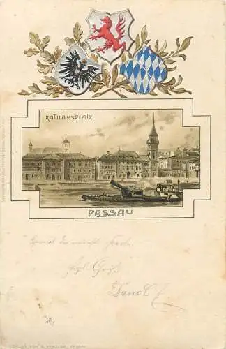 AK - Passau Rathausplatz und Wappen versandt 1899