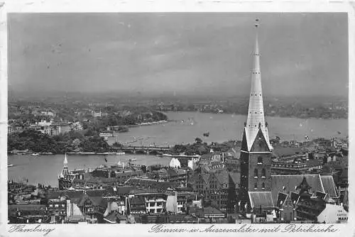 AK - Hamburg Binnen-w. Aussenalster mit Petrikirche versandt 1939