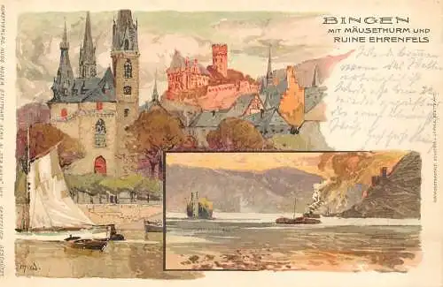 AK - Bingen mit Mäusethurm und Ruine Ehrenfels versandt 1907