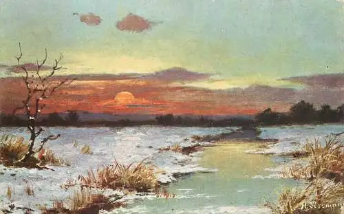 AK, Künstlerkarte - Landschaft mit Sonnenuntergang - H. Sissman