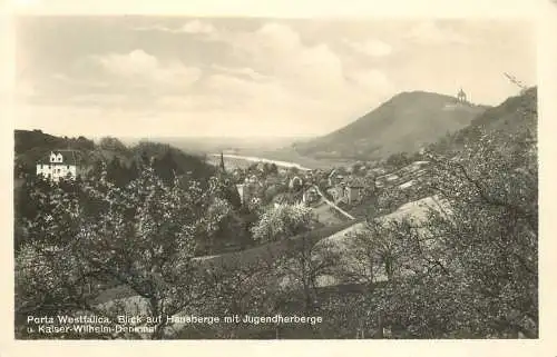 AK - Porta Westfalica Blick auf Hausberge mit Jugendherberge u. Denkmal