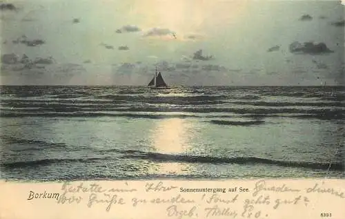 AK Borkum Sonnenuntergang auf  See versandt 1909