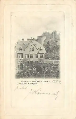 AK Gruss aus Montjoie Sparkasse  mit Schlossruine versandt 1903