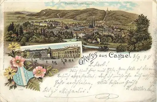 AK - Gruss aus Cassel Wappen Friedrichsplatz Total  Litho versandt 1898